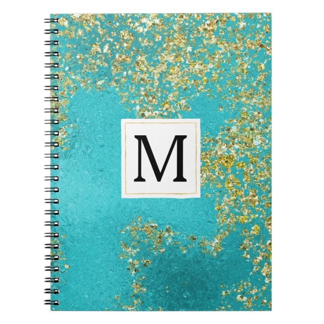 Aqua Gold Falscher funkelnder Glitter Monogramm Notizblock (Vorderseite)
