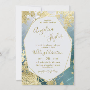 Aqua & Gold Foil Geometric Gem Terrarium Wedding Einladung