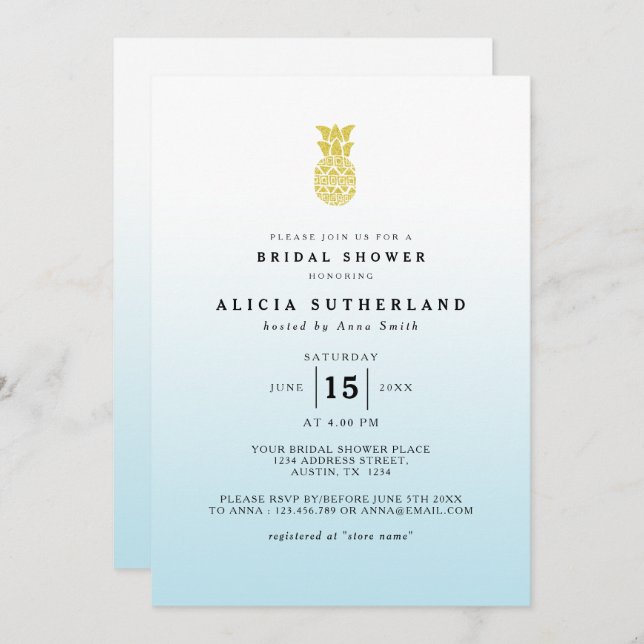 Aqua Gold Glitzer Ananas Brautparty Card Einladung (Vorne/Hinten)