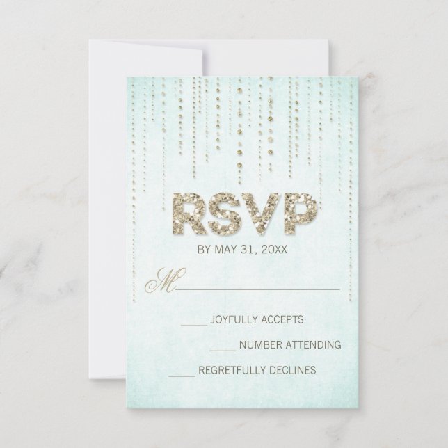 Aqua & Gold Glitzer Look Hochzeitskarte RSVP Karte (Vorderseite)