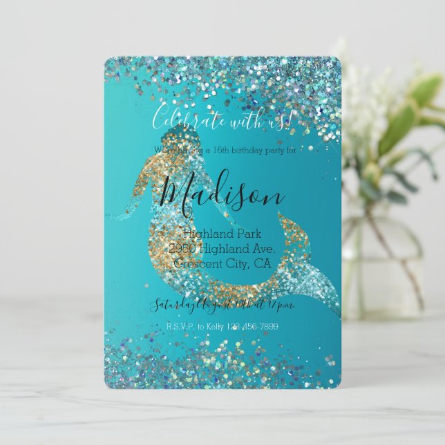 Aqua Gold Glitzer Sparkle Meerjungfrau Einladung (Stehend Vorderseite)