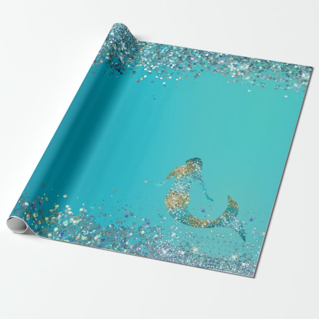 Aqua Gold Glitzer Sparkle Meerjungfrau      Geschenkpapier (Ungerollt)