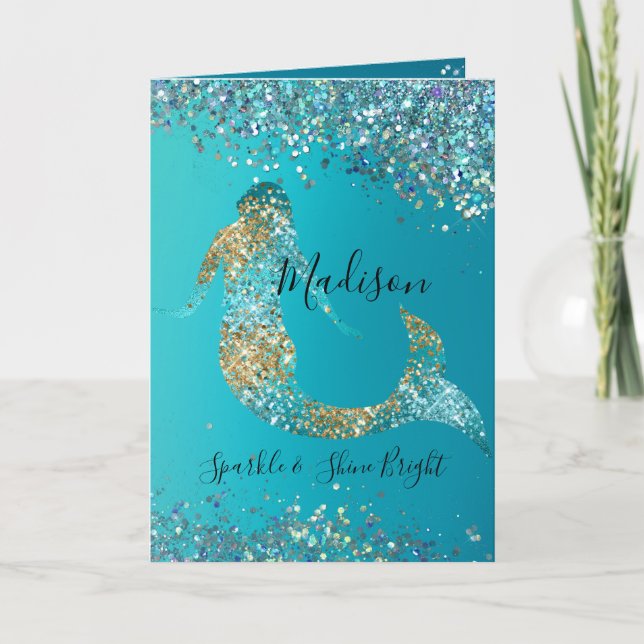 Aqua Gold Glitzer Sparkle Meerjungfrau Karte (Vorderseite)