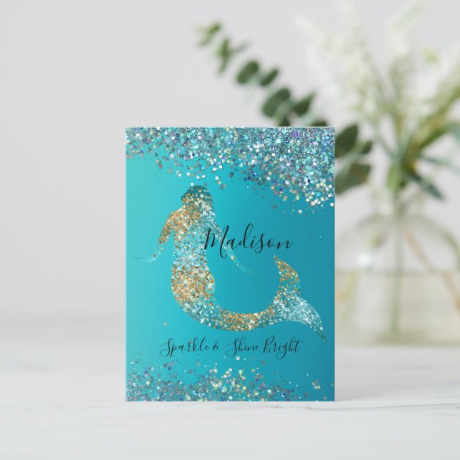 Aqua Gold Glitzer Sparkle Meerjungfrau Postkarte (Stehend Vorderseite)