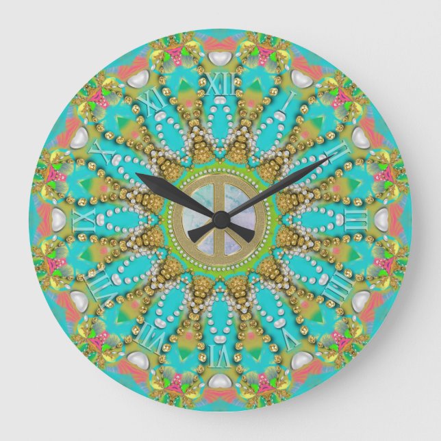 Aqua Gold Groovy Fraktal Gems Peace Mandala Große Wanduhr (Vorderseite)
