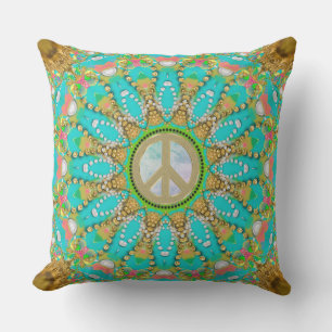 Aqua Gold Groovy Glam Peace Mandala Kissen