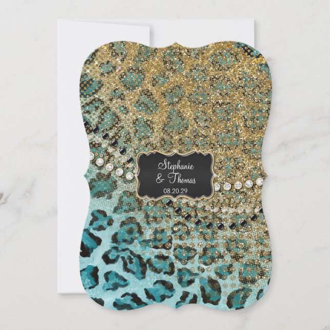Aqua Gold Leopard Animal Print Glitzer Hochzeit Einladung (Vorderseite)