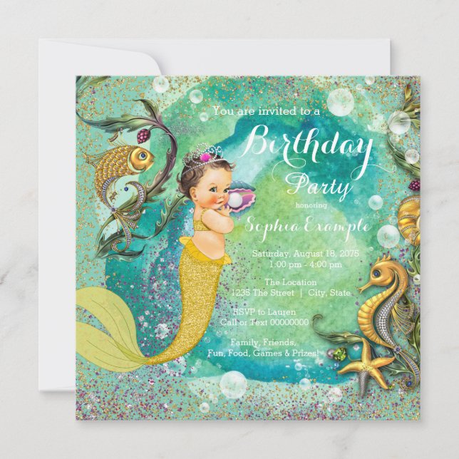 Aqua Gold Little Mermaid Under Sea Birthday Party Einladung (Vorderseite)