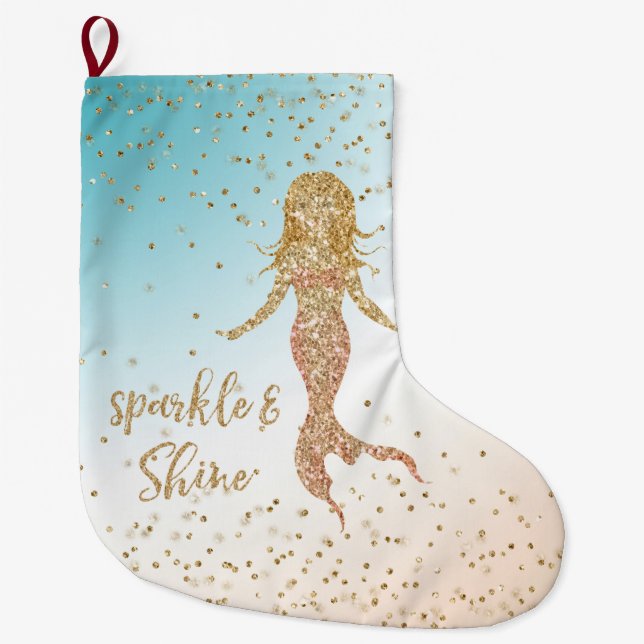 Aqua Gold Meerjungfrau Sparkle Glitzer Confetti Großer Weihnachtsstrumpf (Vorderseite)