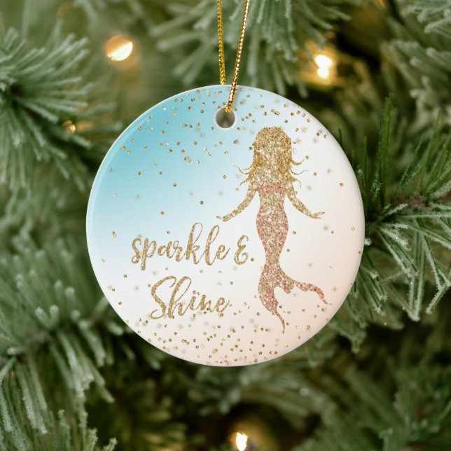 Aqua Gold Meerjungfrau Sparkle Glitzer Confetti Keramik Ornament (Baum)