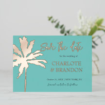 Aqua Gold Palm Tree Beach Hochzeit Save the Date