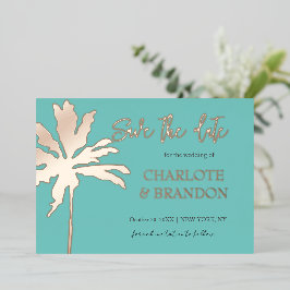 Aqua Gold Palm Tree Beach Hochzeit Save the Date Folieneinladung