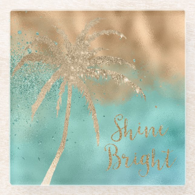 Aqua Gold Palm Tree Shine Bright Glitzer Glasuntersetzer (Vorderseite)