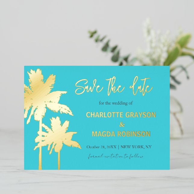 Aqua Gold Palm Trees Hochzeit speichern das Datum Folieneinladung (Stehend vorne)