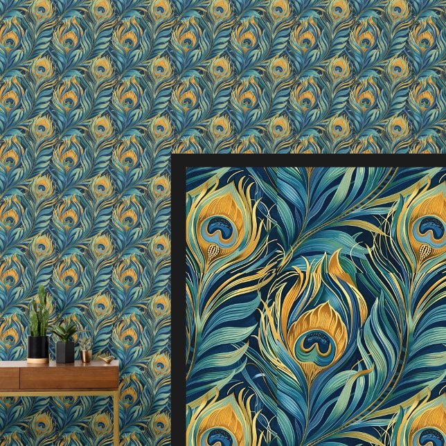 Aqua & Gold Peacock Feathers Tapete (Von Creator hochgeladen)