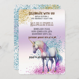 Aqua Gold Pink Einhorn Glitzer Einladung