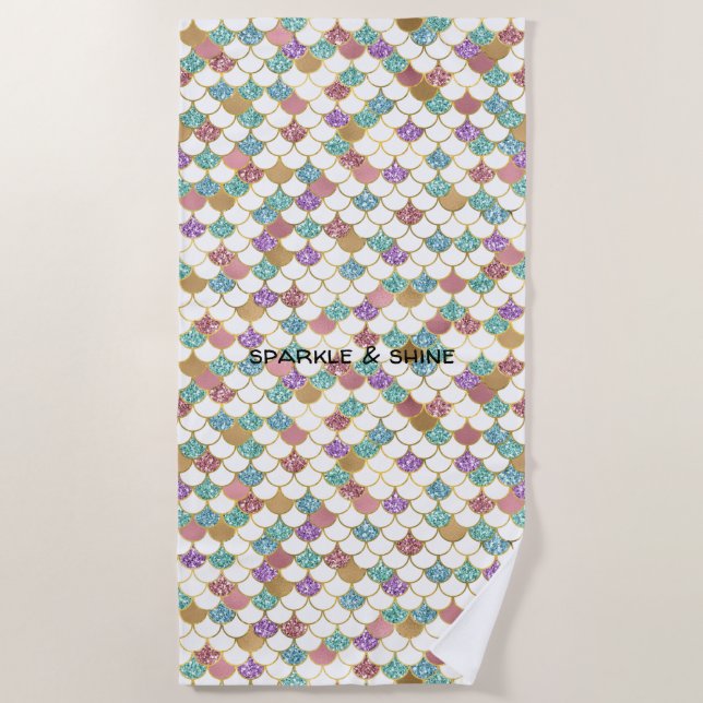 Aqua Gold Pink Glitzy Mermaid Glitzer Strandtuch (Vorderseite)