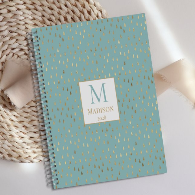 Aqua Gold Raindrop Moderne Trendy Monogram Planer (Von Creator hochgeladen)