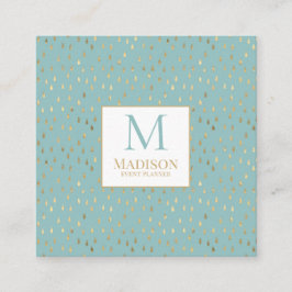 Aqua Gold Raindrop Moderne Trendy Monogram Quadratische Visitenkarte