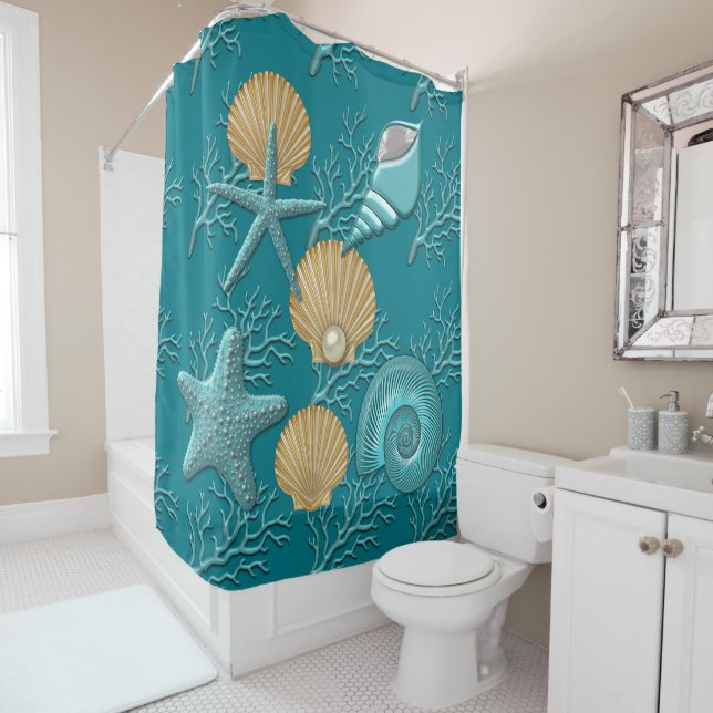 Aqua & Gold Seahells Coral Reef Duschvorhang (Beispiel)