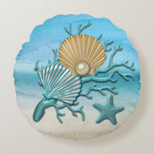 Aqua & Gold Seashells Beach Rundes Kissen