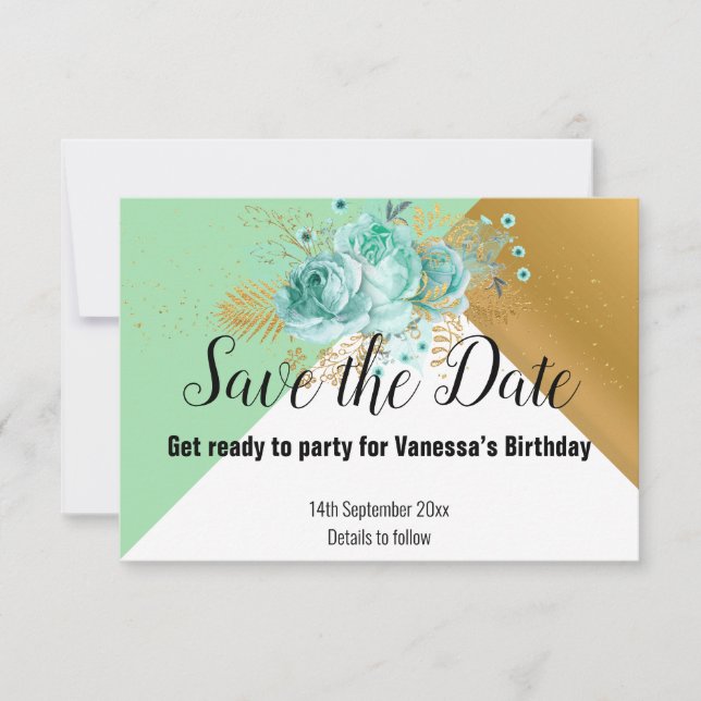 AQUA GOLD SILVER GRAU SAVE THE DATE RSVP KARTE (Vorderseite)