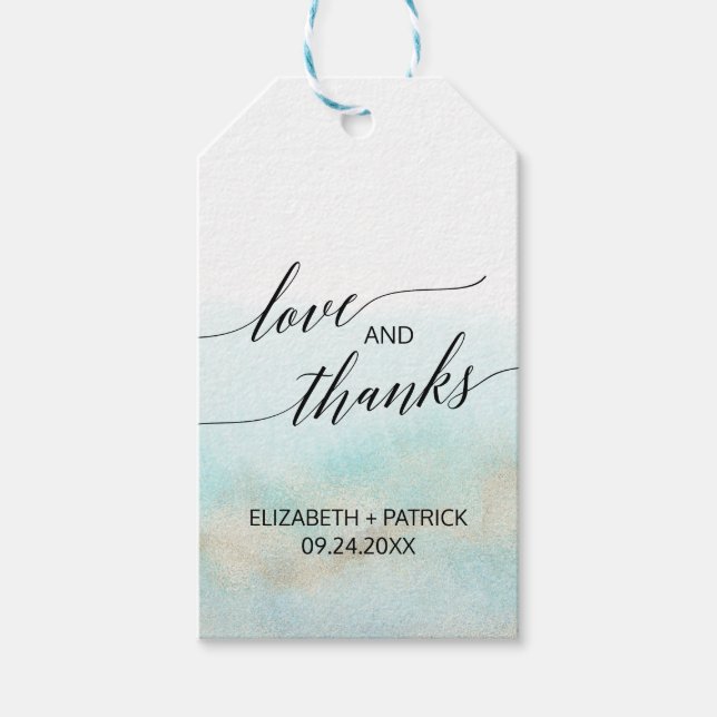 Aqua & Gold Watercolor Beach Hochzeit Liebe & Dank Geschenkanhänger (Vorderseite)