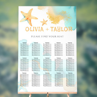 Aqua Gold Watercolor Beachy Starfish Wedding Acrylschild