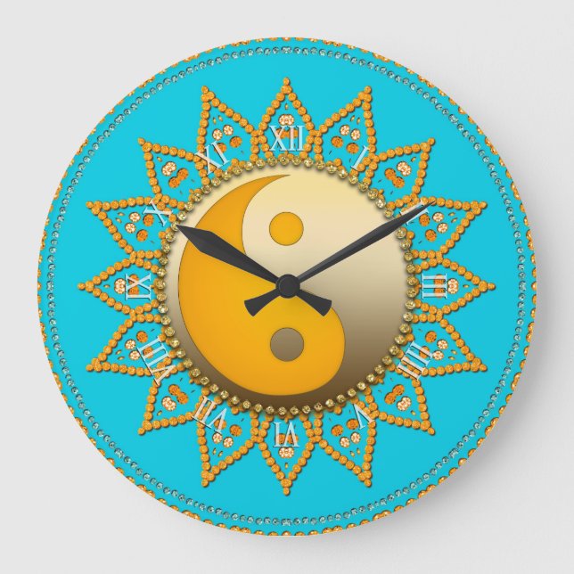 Aqua Gold YinYang Tuscan Sun Wohngestaltung Clock Große Wanduhr (Vorderseite)