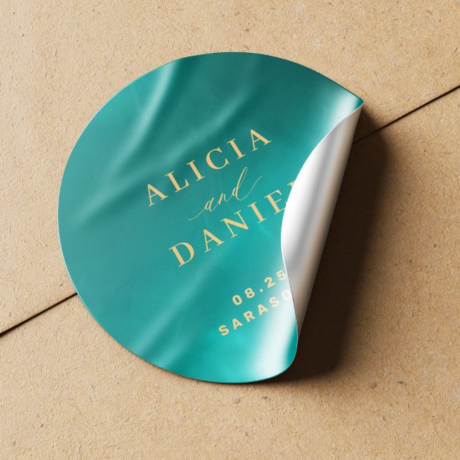 Aqua Goldblauer Sommermeer Hochzeit in Urlaubsort Runder Aufkleber (Von Creator hochgeladen)