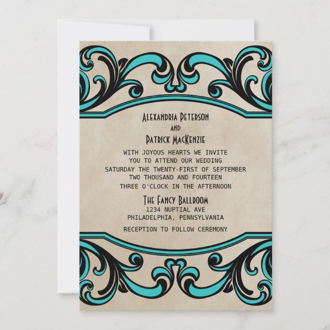 Aqua Gothic Wirbel Wedding Invite Einladung (Vorderseite)