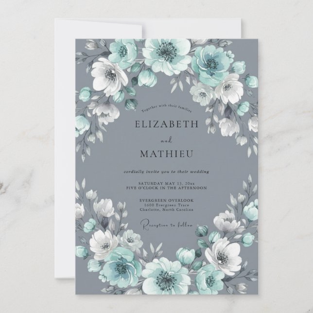 Aqua-Grau-Kranz-Hochzeit Einladung (Vorderseite)
