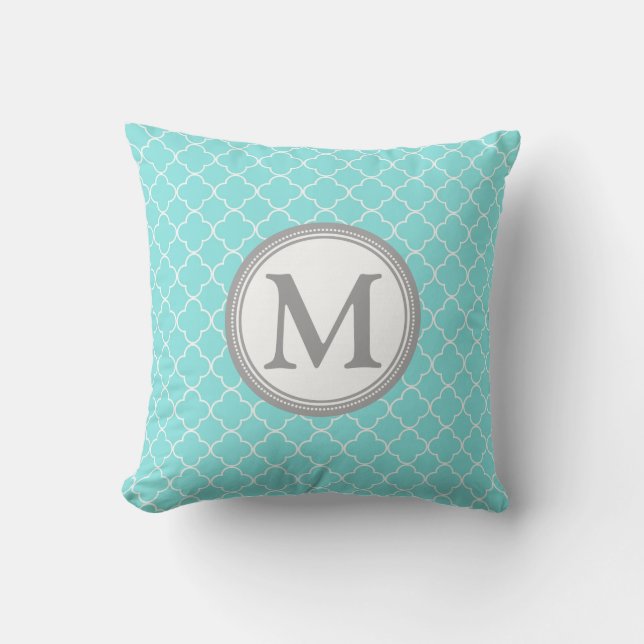 Aqua graues Quatrefoil Monogramm-dekoratives Kissen (Vorderseite)