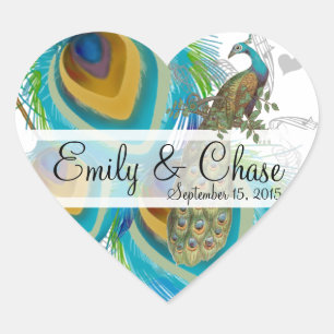 Aqua Gray 3 Peacock Feathers Wedding Sticker