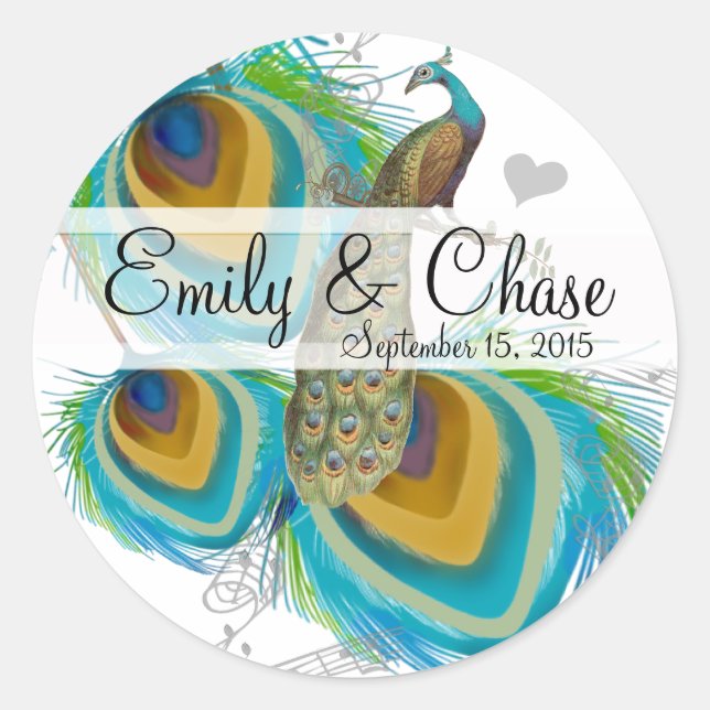 Aqua Gray 3 Peacock Feathers Wedding Sticker (Vorderseite)
