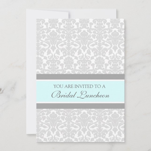 Aqua Gray Damask Bridal Lunch Einladungskarten (Vorderseite)