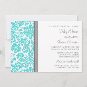 Aqua Gray Damask Custom Baby Shower Einladungen
