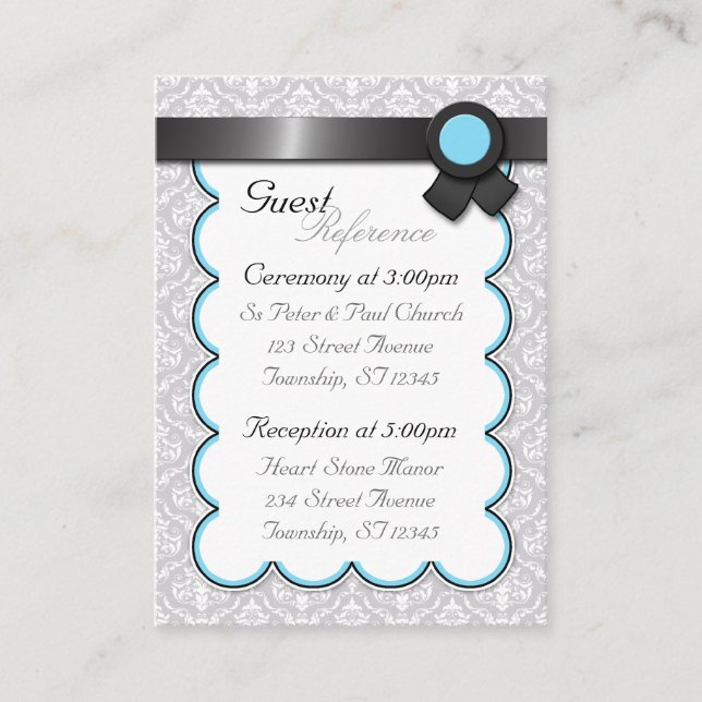 Aqua & Gray Damask Wedding Guest Reference Cards Begleitkarte (Vorderseite)