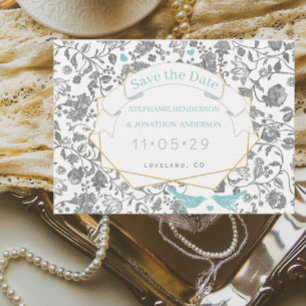 Aqua Gray Floral Pattern Blue Love Bird Wedding Einladung