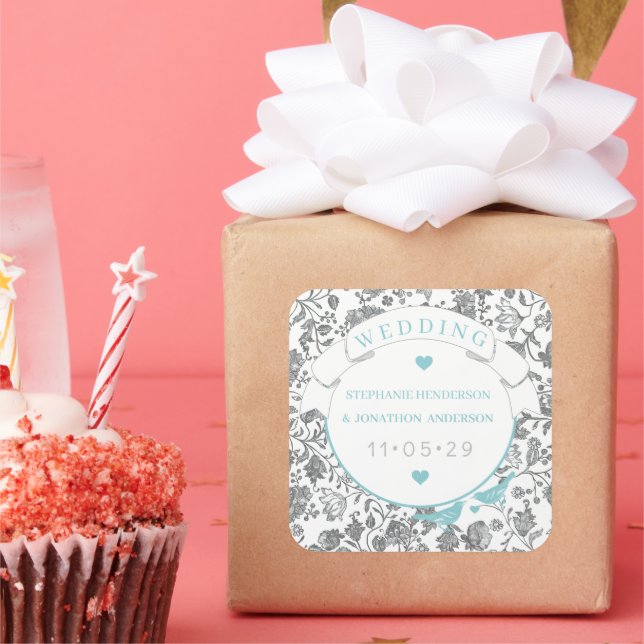 Aqua Gray Floral Pattern Blue Love Bird Wedding Quadratischer Aufkleber (Party)