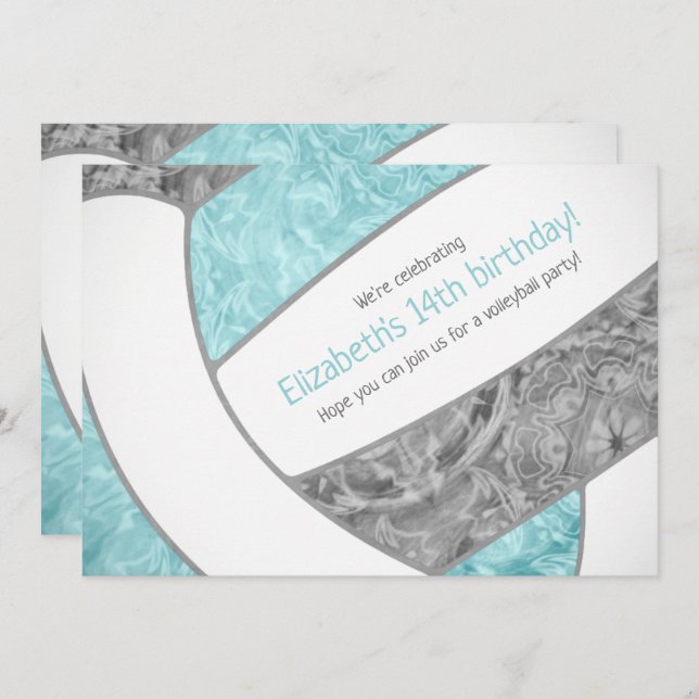 Aqua gray Girl Volleyball Geburtstagsparty Einladung (Vorne/Hinten)