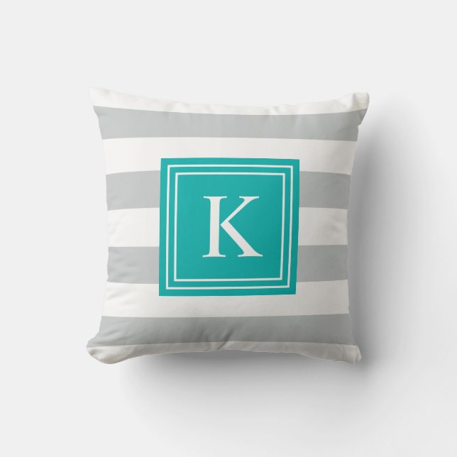Aqua & Gray Monogram Streifen | Kissen (Vorderseite)