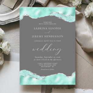 Aqua Gray Silver Foil Glitzer Wedding Einladung