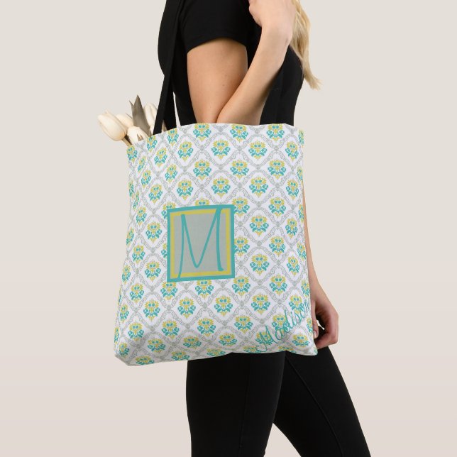 Aqua Gray und Chartreuse Muster Trendy Monogram (Von Nahem)