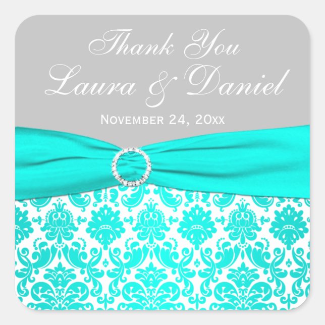 Aqua, Gray und White Damask Hochzeitssticker Quadratischer Aufkleber (Vorderseite)