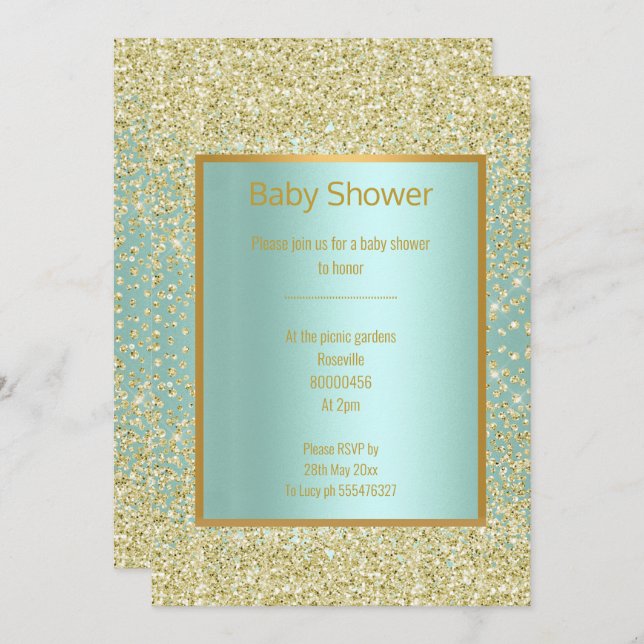 AQUA GREEN BLUE DIAMOND SPARKLE GOLD BABY SHOWER EINLADUNG (Vorne/Hinten)