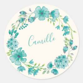 Aqua Green Floral Wreath Personalisiert Name Sprin Runder Aufkleber