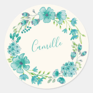 Aqua Green Floral Wreath Personalisiert Name Sprin Runder Aufkleber
