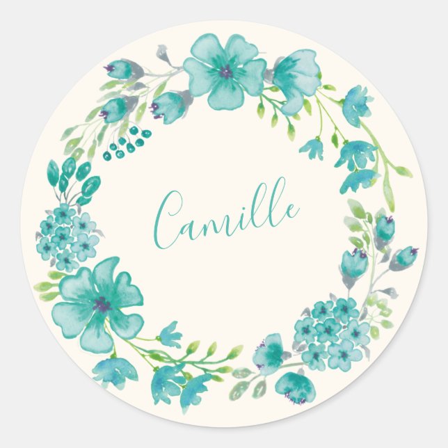 Aqua Green Floral Wreath Personalisiert Name Sprin Runder Aufkleber (Vorderseite)