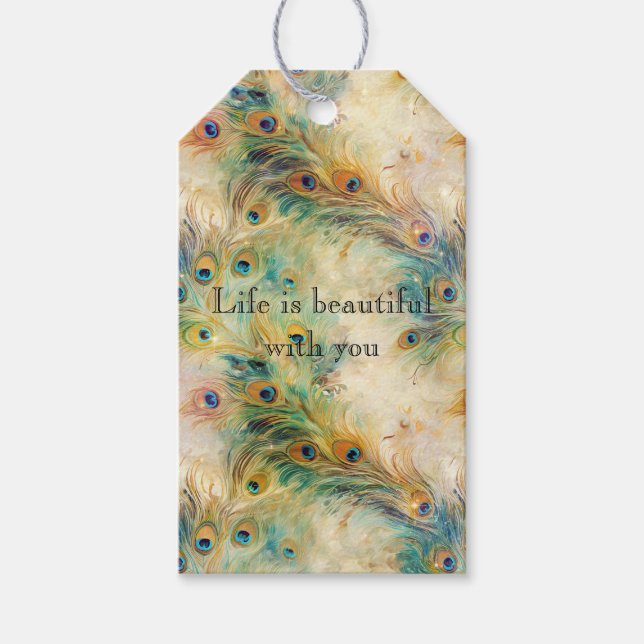 Aqua Green Gold Peacock Feathers Geschenkanhänger (Vorderseite)